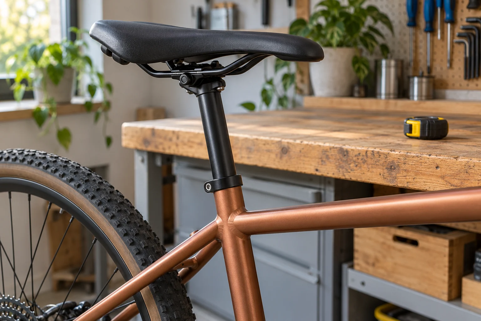 Sillín negro y tija convencional sobre un cuadro de bicicleta cobrizo en un taller