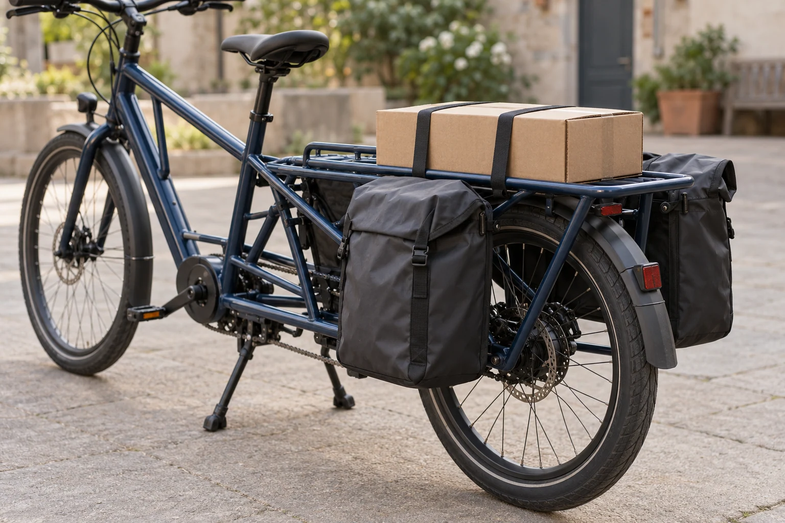 Parte trasera alargada de una bicicleta azul con dos alforjas y una caja pequeña sujeta al portaequipajes mediante correas