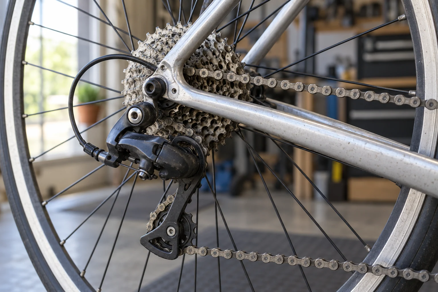 Detalle de cadena, casete y cambio trasero con uso moderado en una bicicleta de carretera plateada