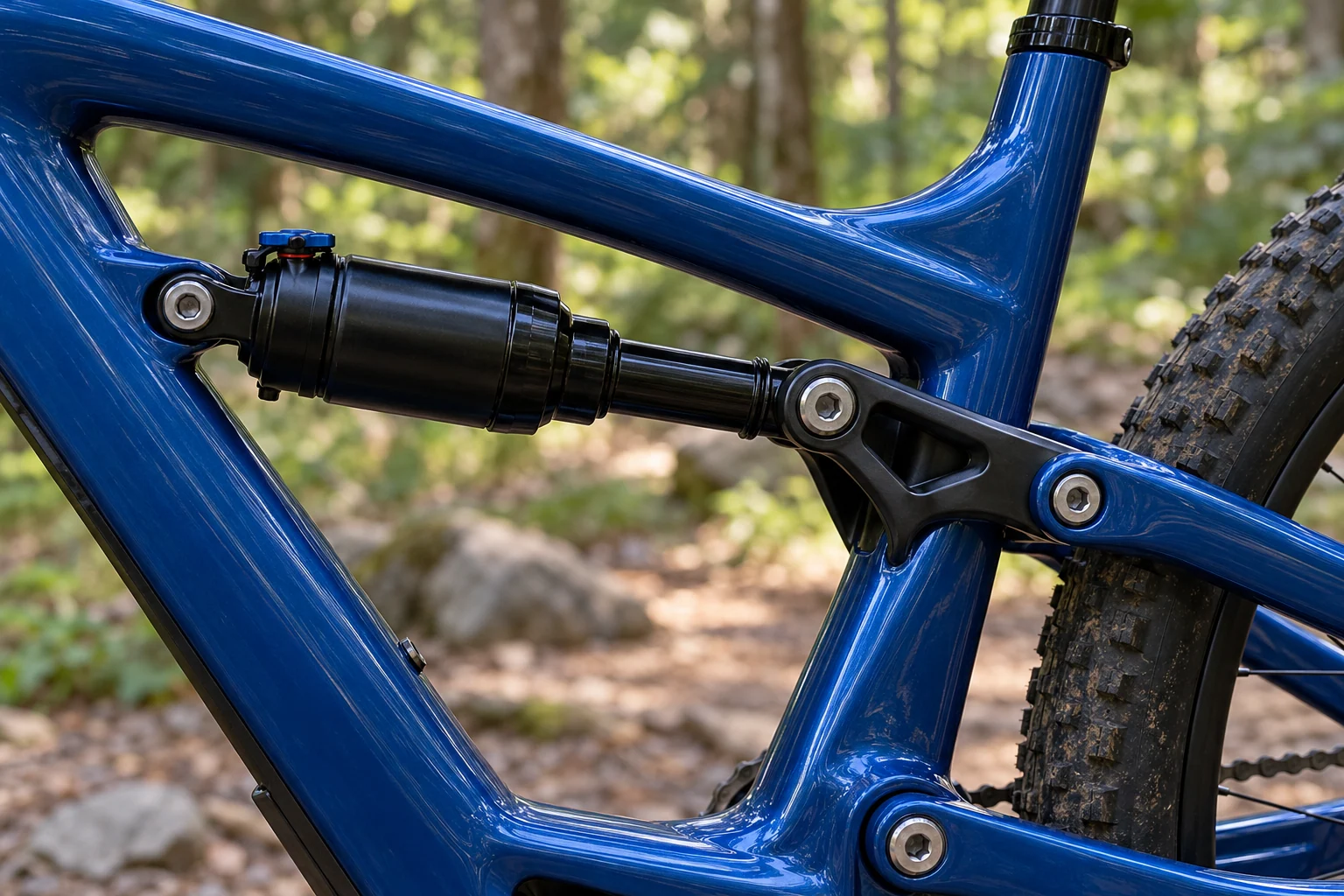 Detalle de un amortiguador de aire negro y una bieleta en el cuadro azul de una bicicleta de montaña