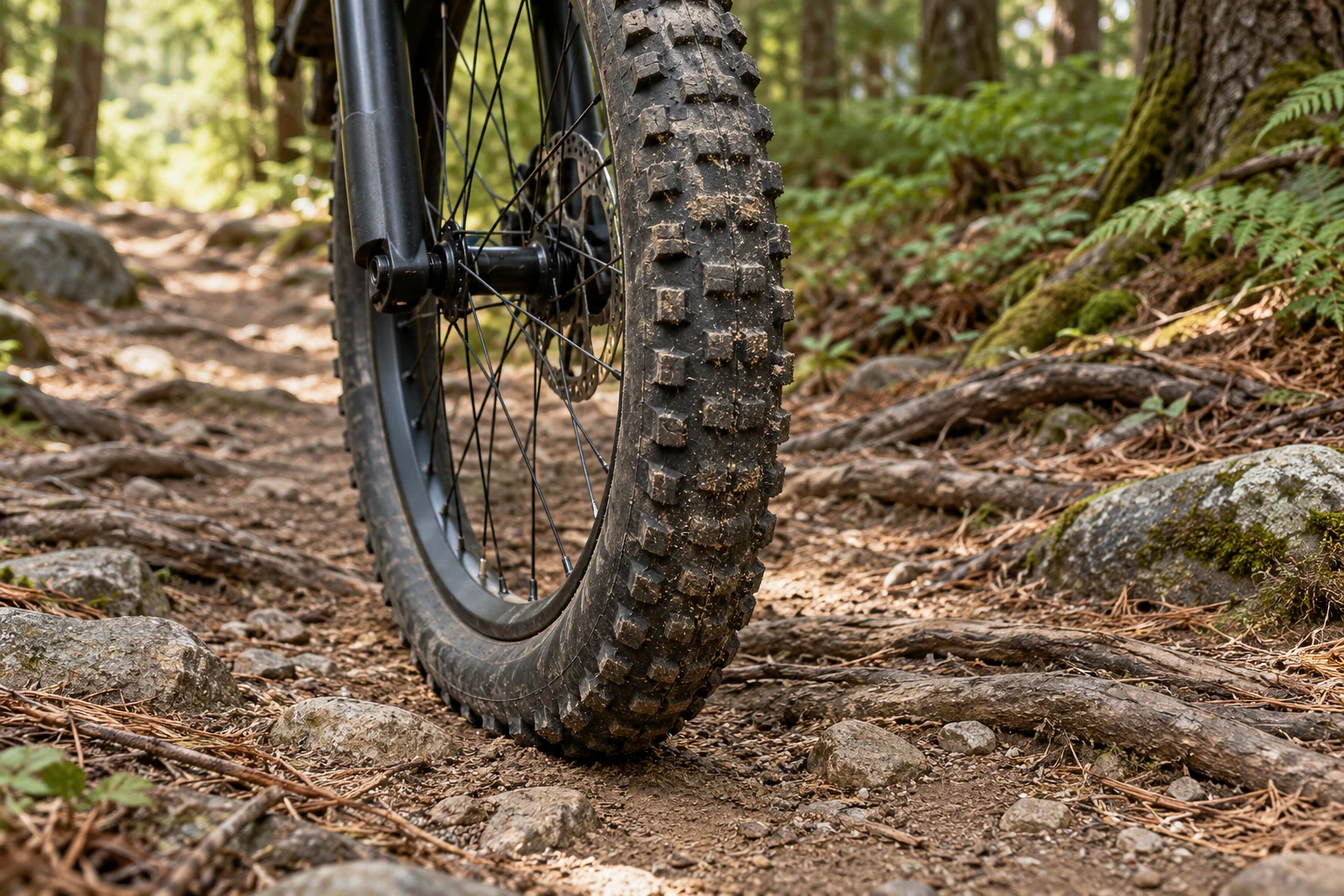 Detalle de la cubierta delantera de tacos de una bicicleta de montaña sobre tierra, piedras pequeñas y raíces