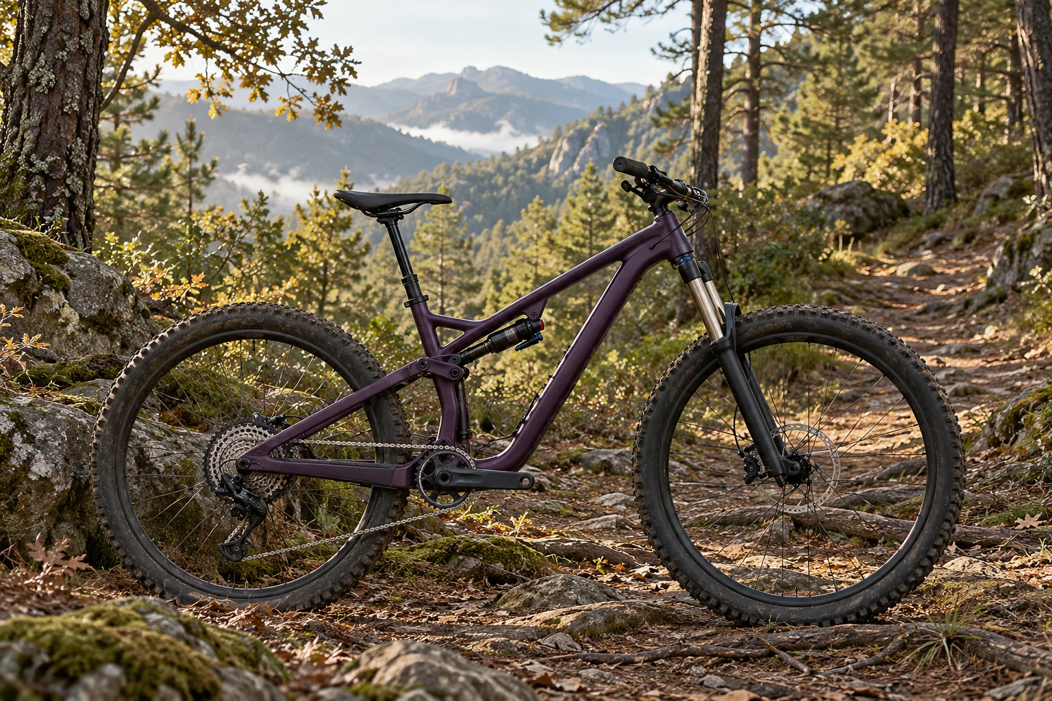 Bicicleta de enduro morada de doble suspensión junto a un sendero de bosque con piedras y raíces