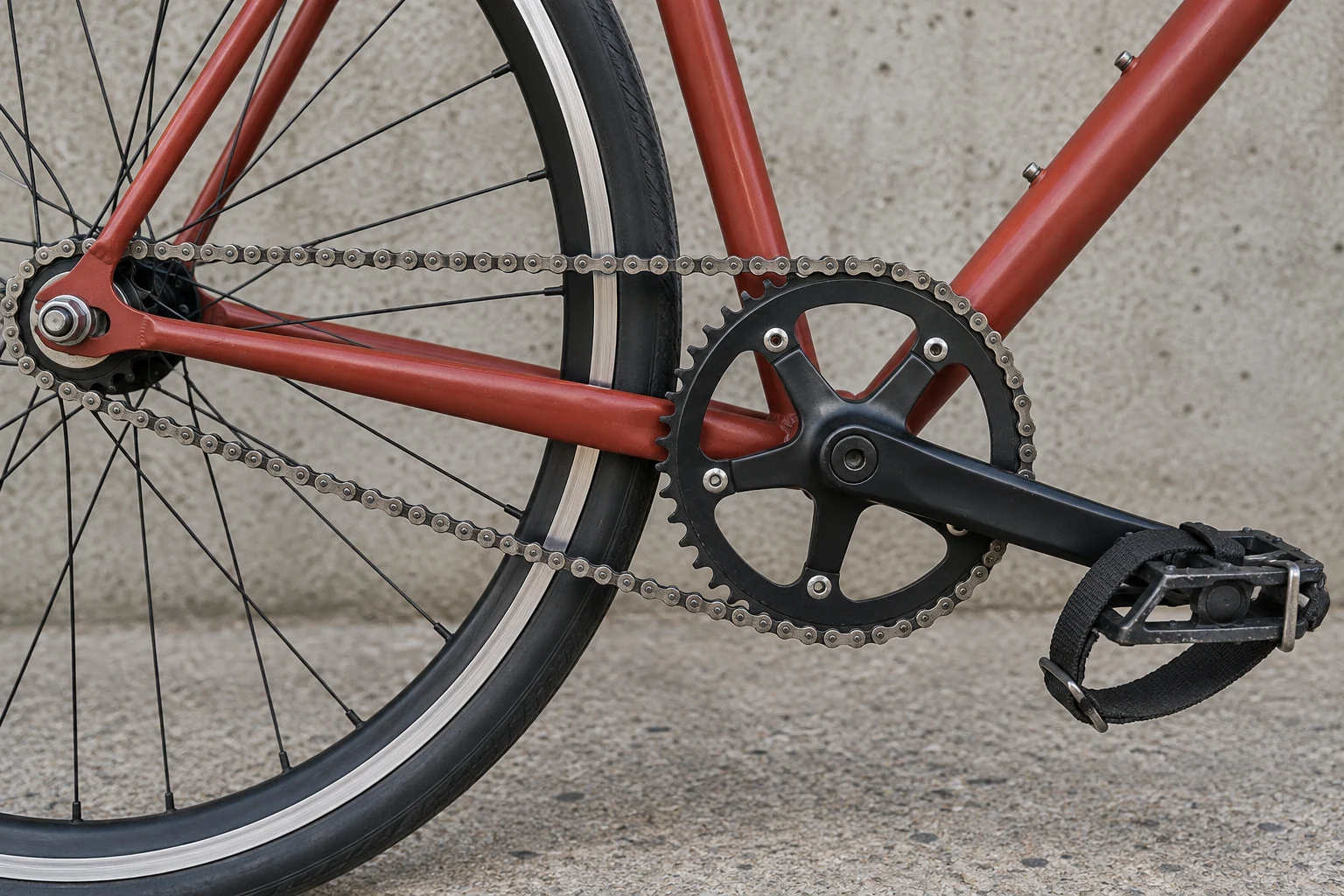 Detalle de un solo plato, cadena y pedal con correa en una bicicleta roja de transmisión sencilla