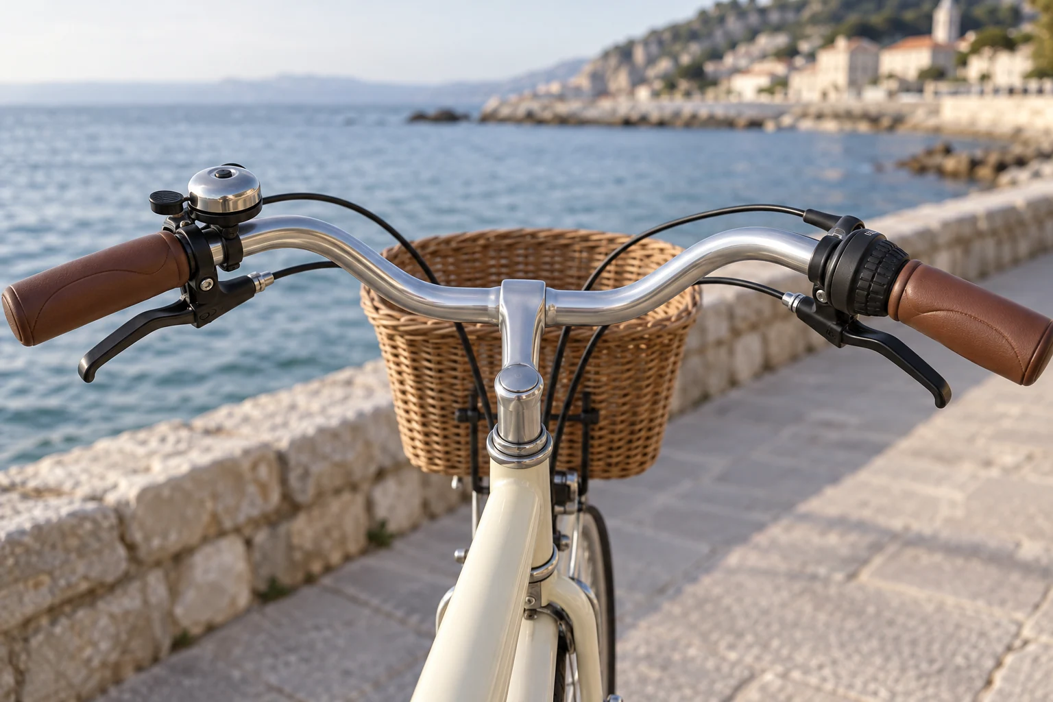 Manillar curvado de una bicicleta urbana con puños marrones, dos manetas de freno, timbre y mando de cambio