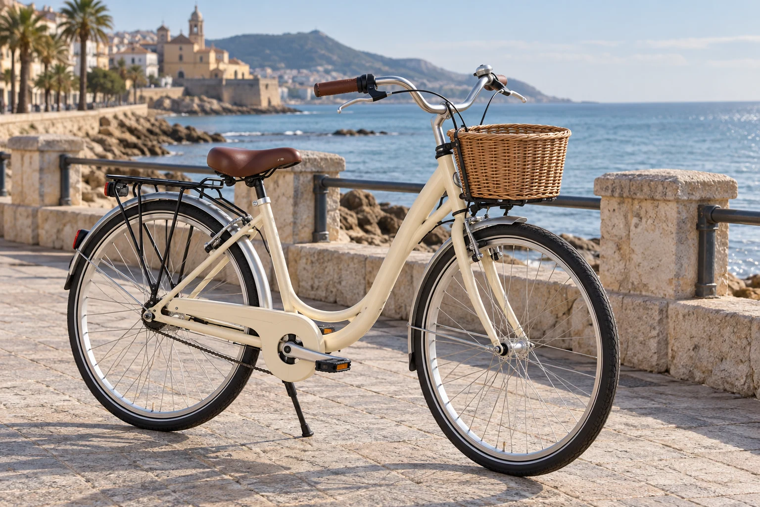 Bicicleta de paseo color crema con cuadro de paso bajo, cesta y guardabarros junto a un paseo marítimo