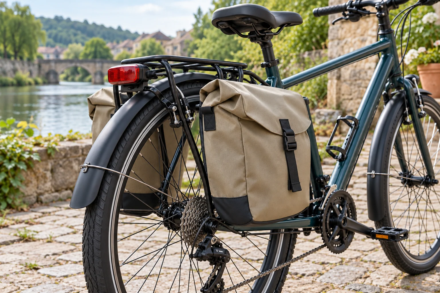 Detalle de portaequipajes negro con alforjas beige, luz trasera roja y guardabarros en una bicicleta de trekking