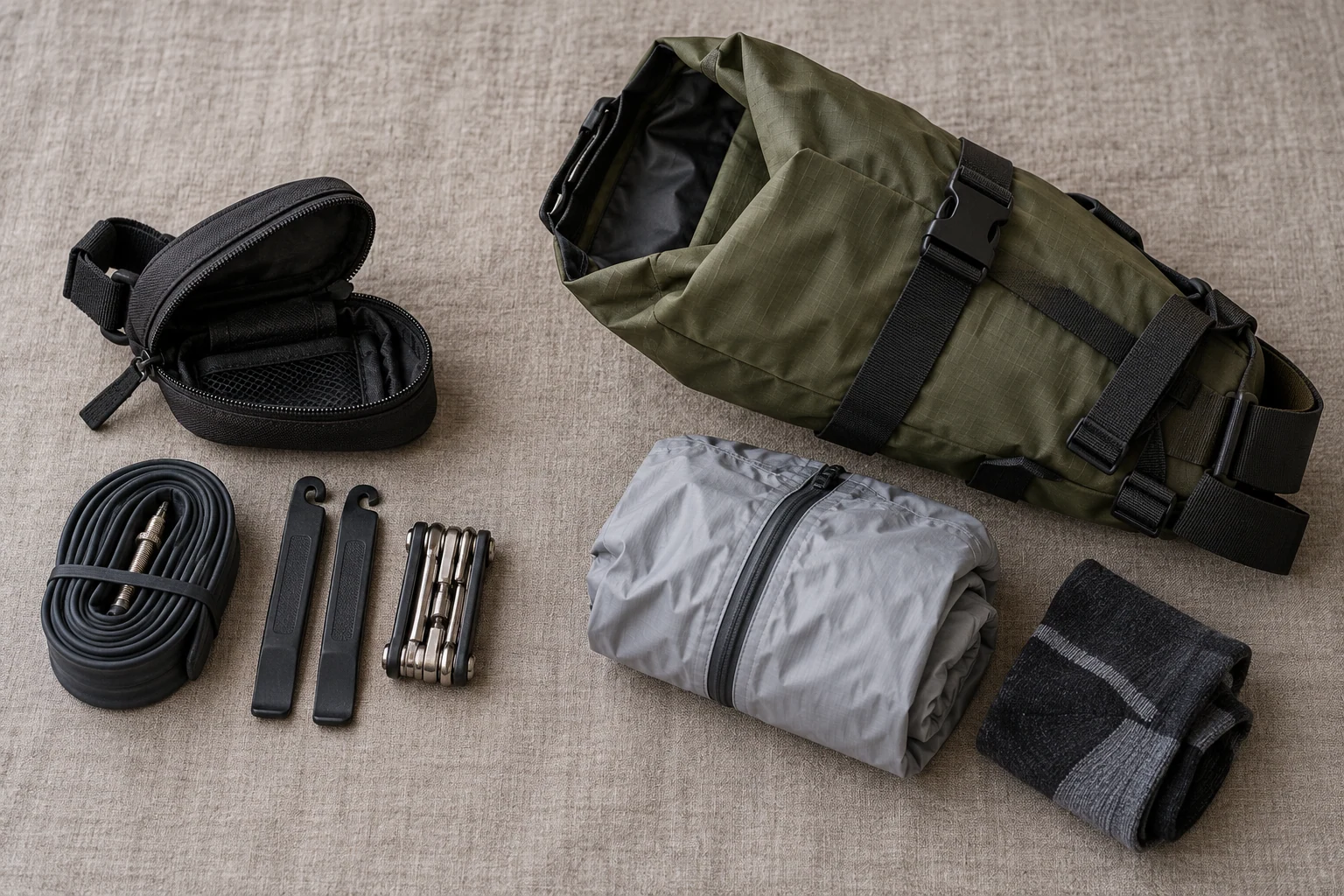Bolsa pequeña con cámara, desmontables y multiherramienta junto a una bolsa de viaje mayor con chaqueta y calcetines sobre una superficie de tela