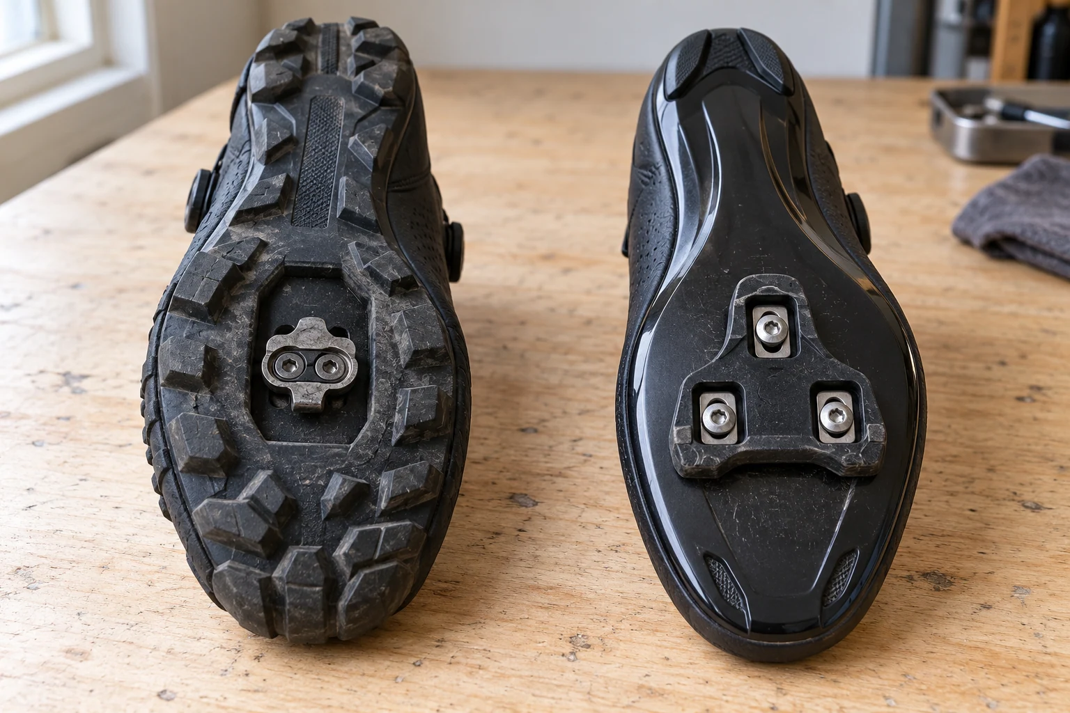 Suelas de dos zapatillas de ciclismo con una cala metálica compacta y otra más grande de tres tornillos