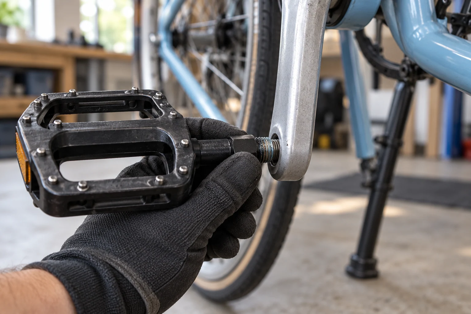 Mano con guante sujetando el eje de un pedal de plataforma al comenzar a enroscarlo en una biela plateada