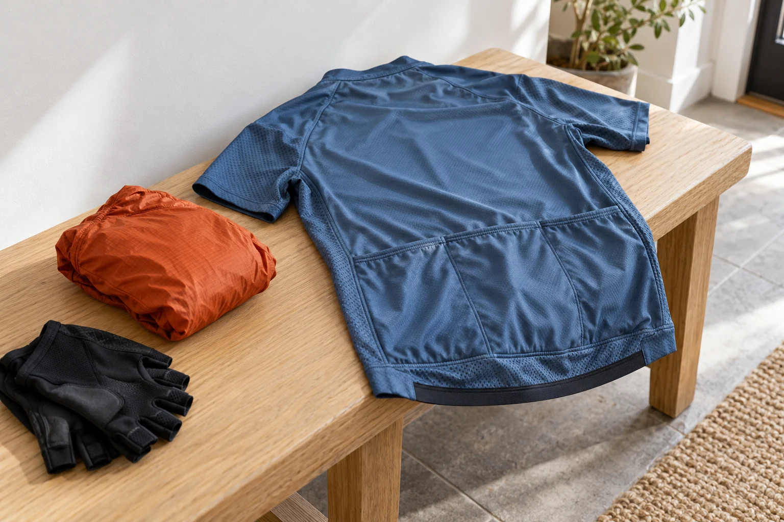 Chaleco cortavientos naranja plegado junto a un maillot azul con bolsillos traseros sobre una mesa