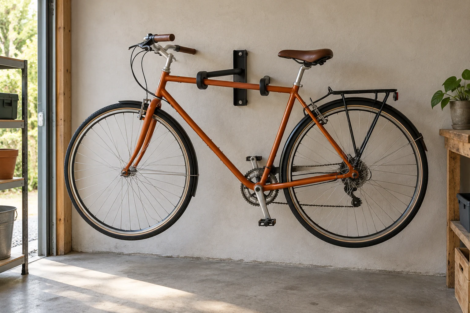 Bicicleta naranja suspendida horizontalmente sobre dos apoyos acolchados de un soporte de pared