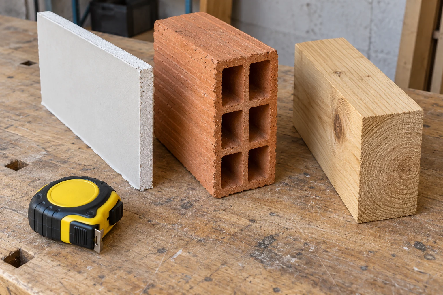 Muestras separadas de placa de yeso laminado, ladrillo hueco y madera maciza sobre un banco de trabajo