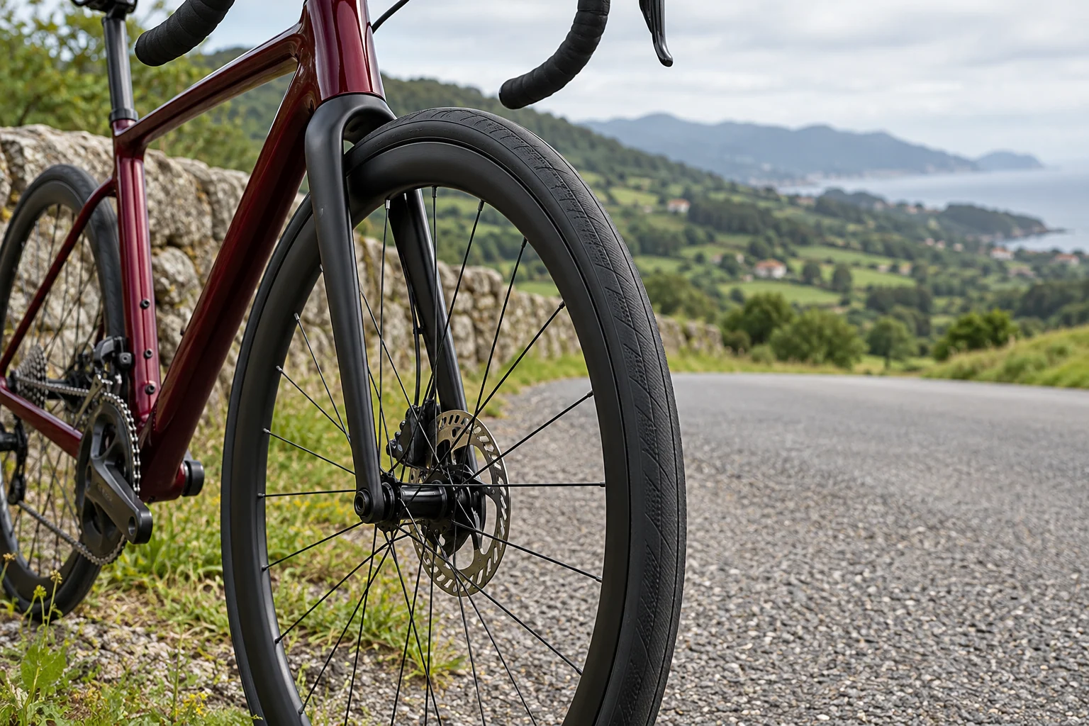 Rueda delantera de una bicicleta de carretera burdeos junto a una carretera tranquila entre colinas