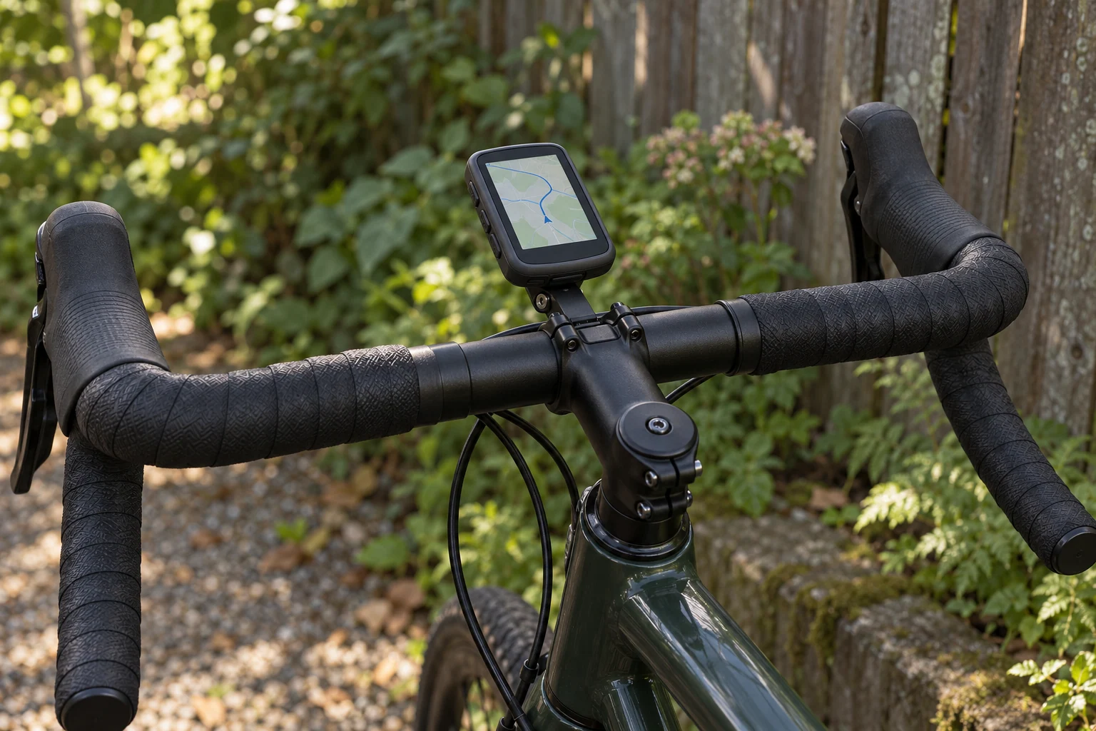 GPS compacto instalado delante de la potencia en el manillar de una bicicleta verde parada