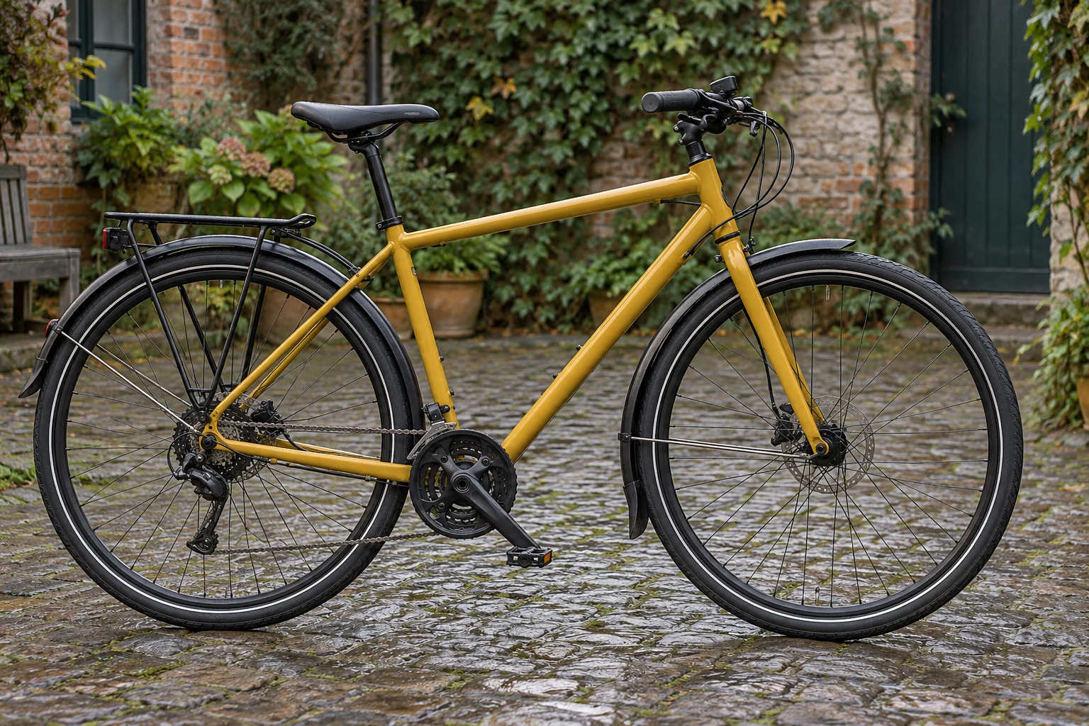 Bicicleta urbana amarilla con guardabarros negros largos en ambas ruedas sobre un patio húmedo