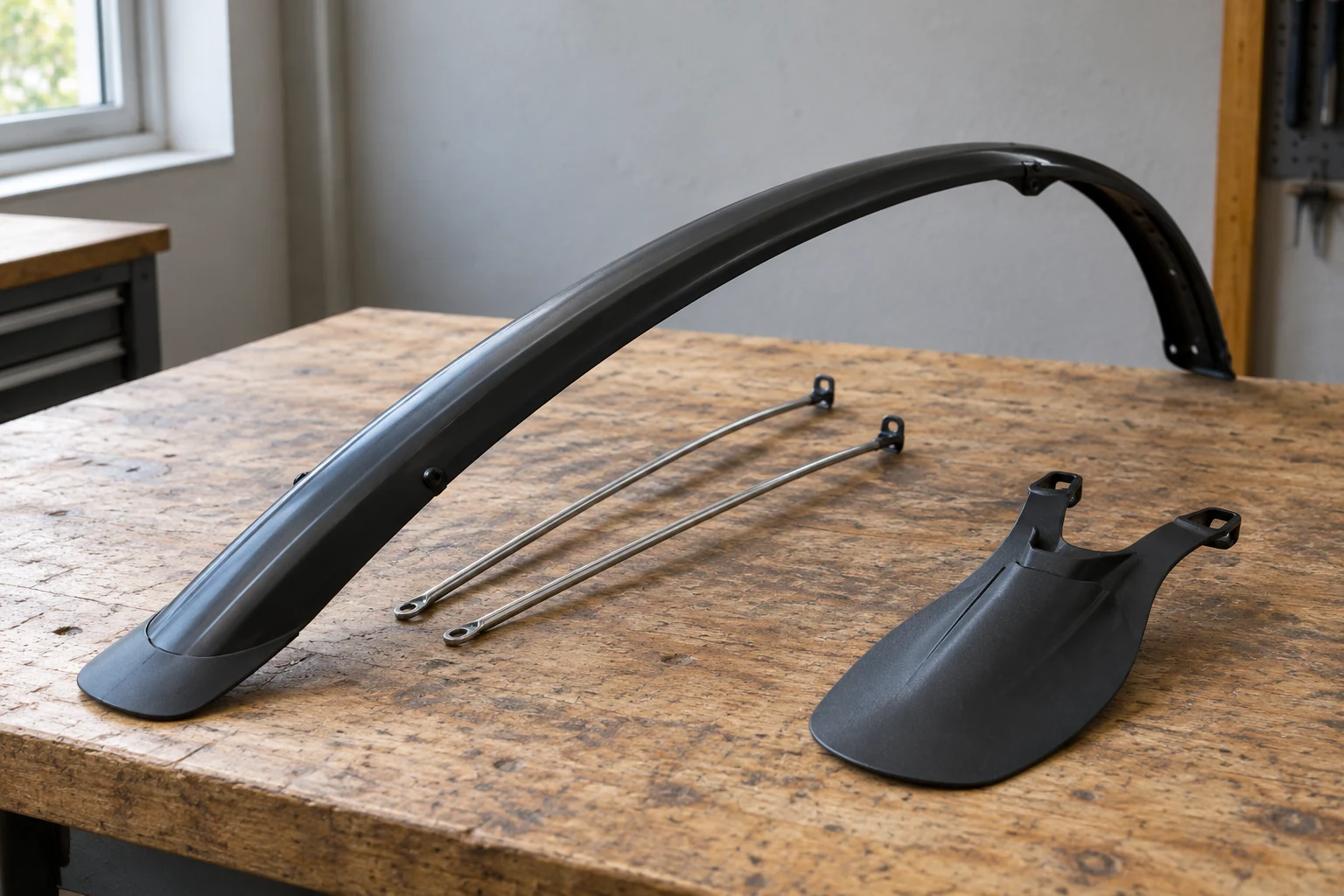 Guardabarros largo curvado y protector corto separados sobre una mesa de taller, con varillas metálicas al lado