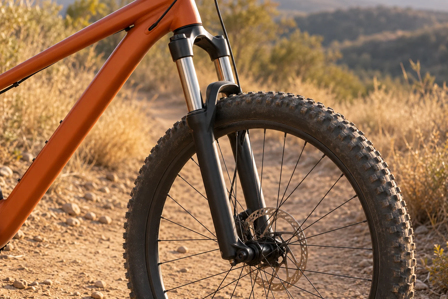 Horquilla negra de suspensión y rueda delantera de una bicicleta de montaña naranja junto a un sendero seco