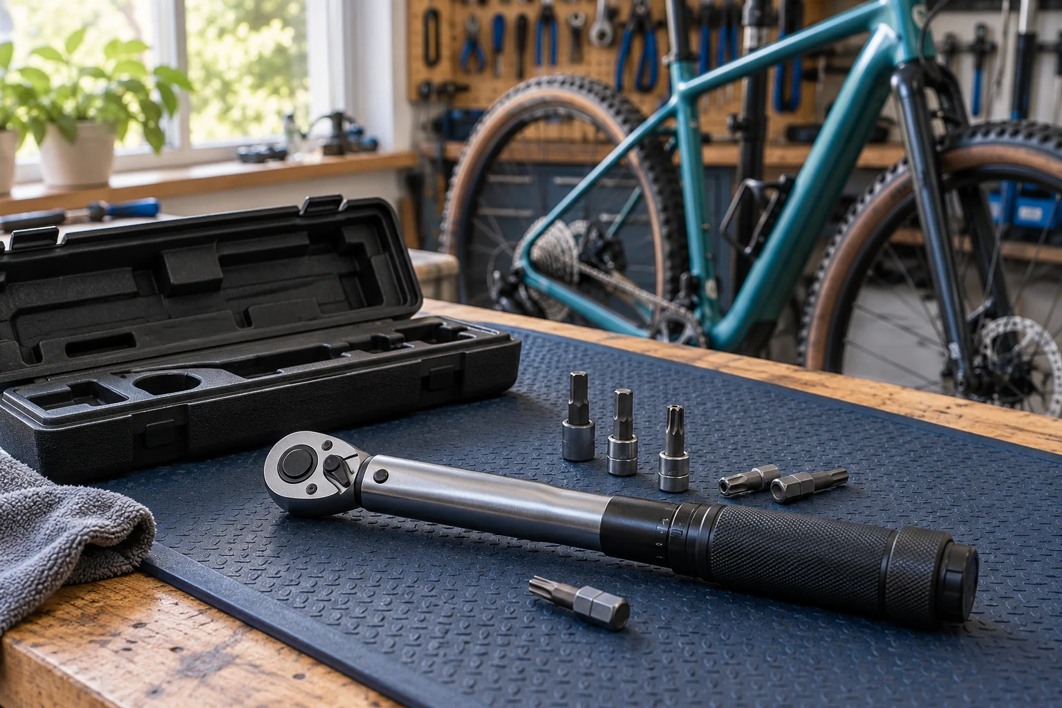 Llave dinamométrica compacta junto a puntas hexagonales y Torx sobre una superficie de taller