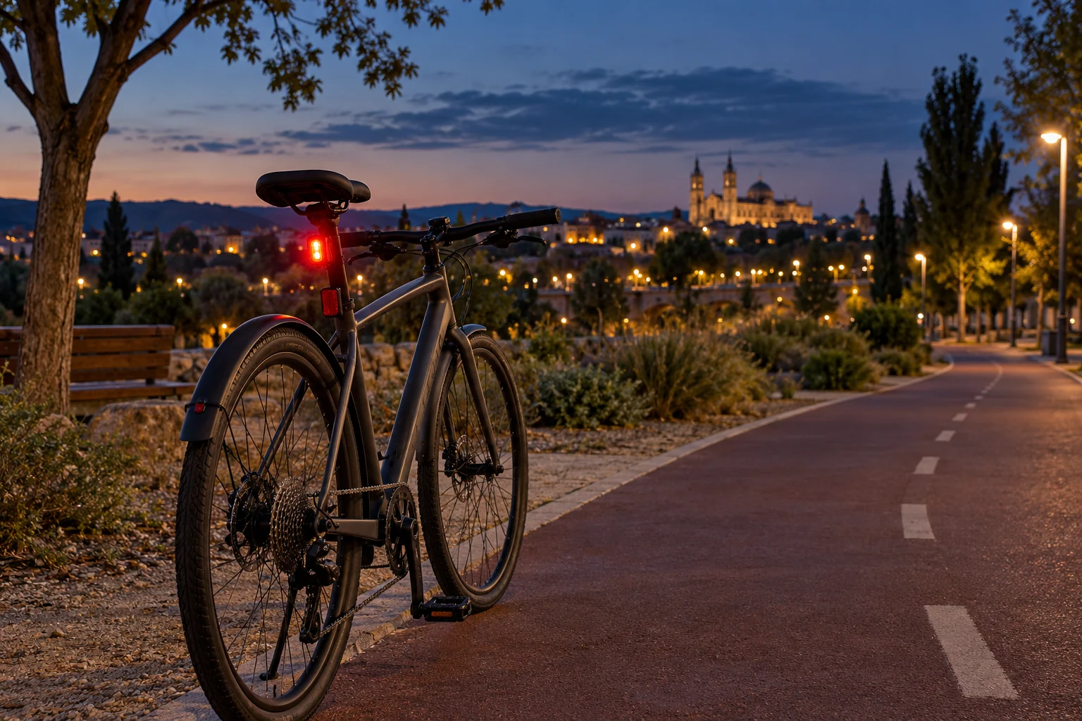 Bicicleta urbana vista desde atrás al anochecer, con luz roja en la tija y un reflector separado