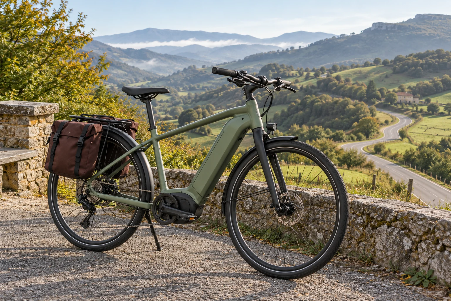 Bicicleta eléctrica de trekking verde con alforjas junto a un mirador y una carretera que recorre colinas