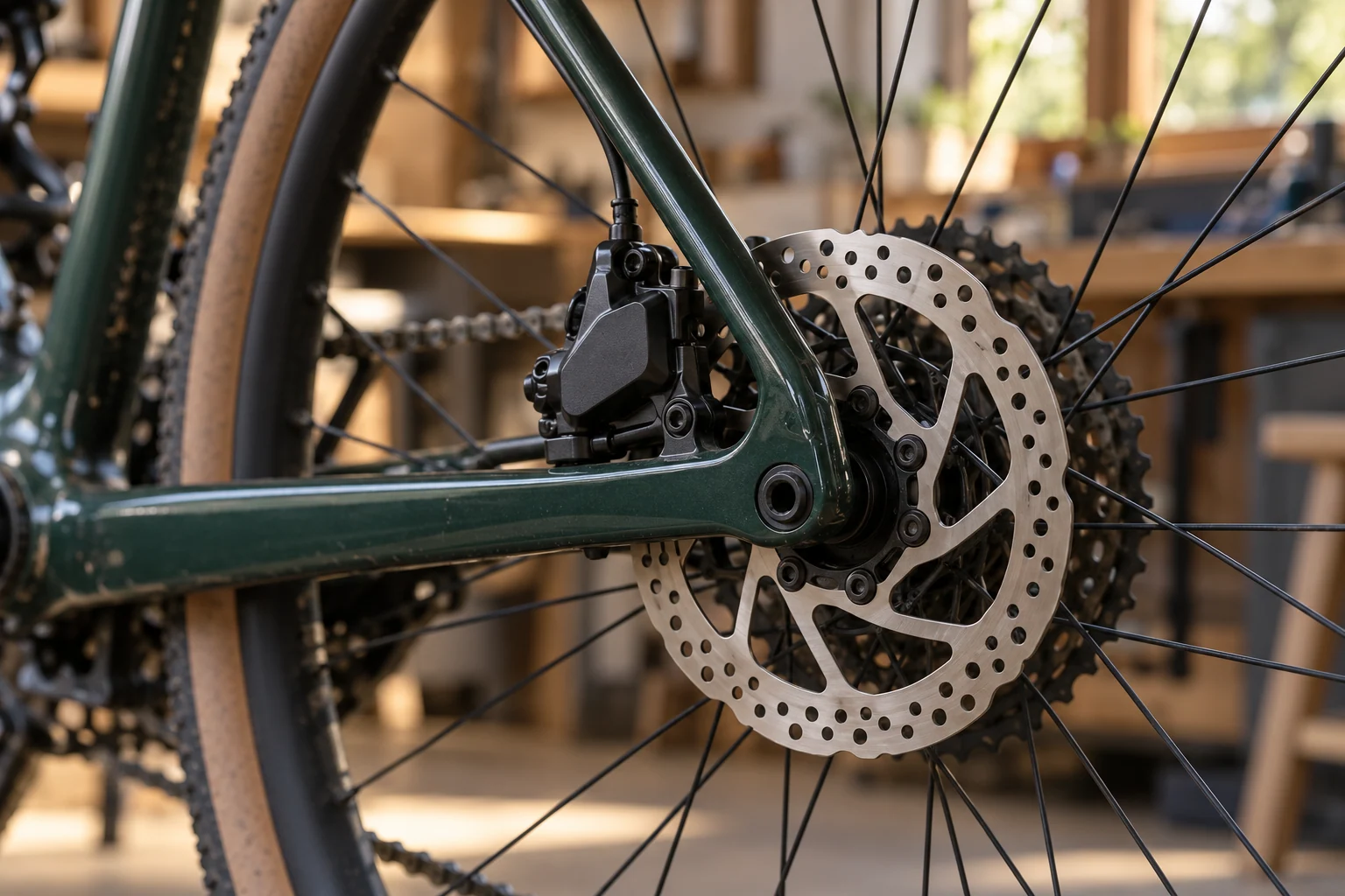 Pinza negra y disco de freno trasero en una bicicleta verde dentro de un taller