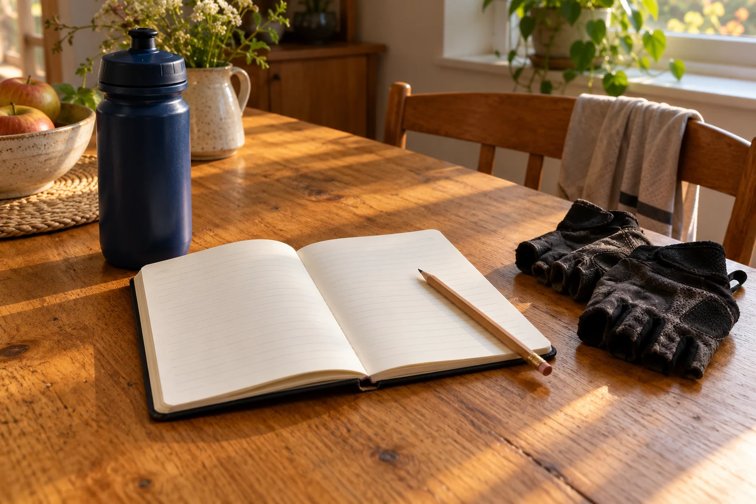 Cuaderno abierto junto a un lápiz, un bidón y guantes de ciclismo sobre una mesa iluminada