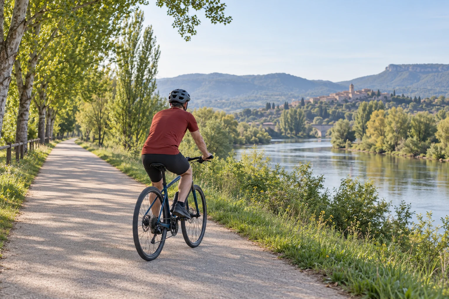 Ciclista con maillot rojo rodando de forma tranquila por una vía junto a un río en una bicicleta de manillar plano