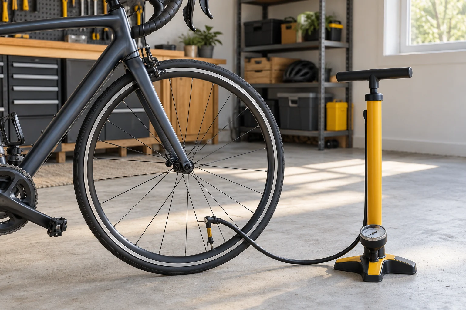 Bomba de pie con manómetro conectada a la rueda de una bicicleta en un taller doméstico