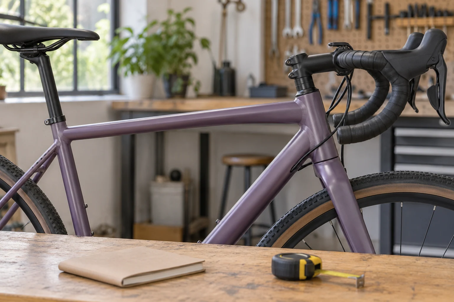 Detalle del tubo superior y de dirección de una bicicleta violeta, con potencia y manillar curvo, junto a una libreta y un flexómetro