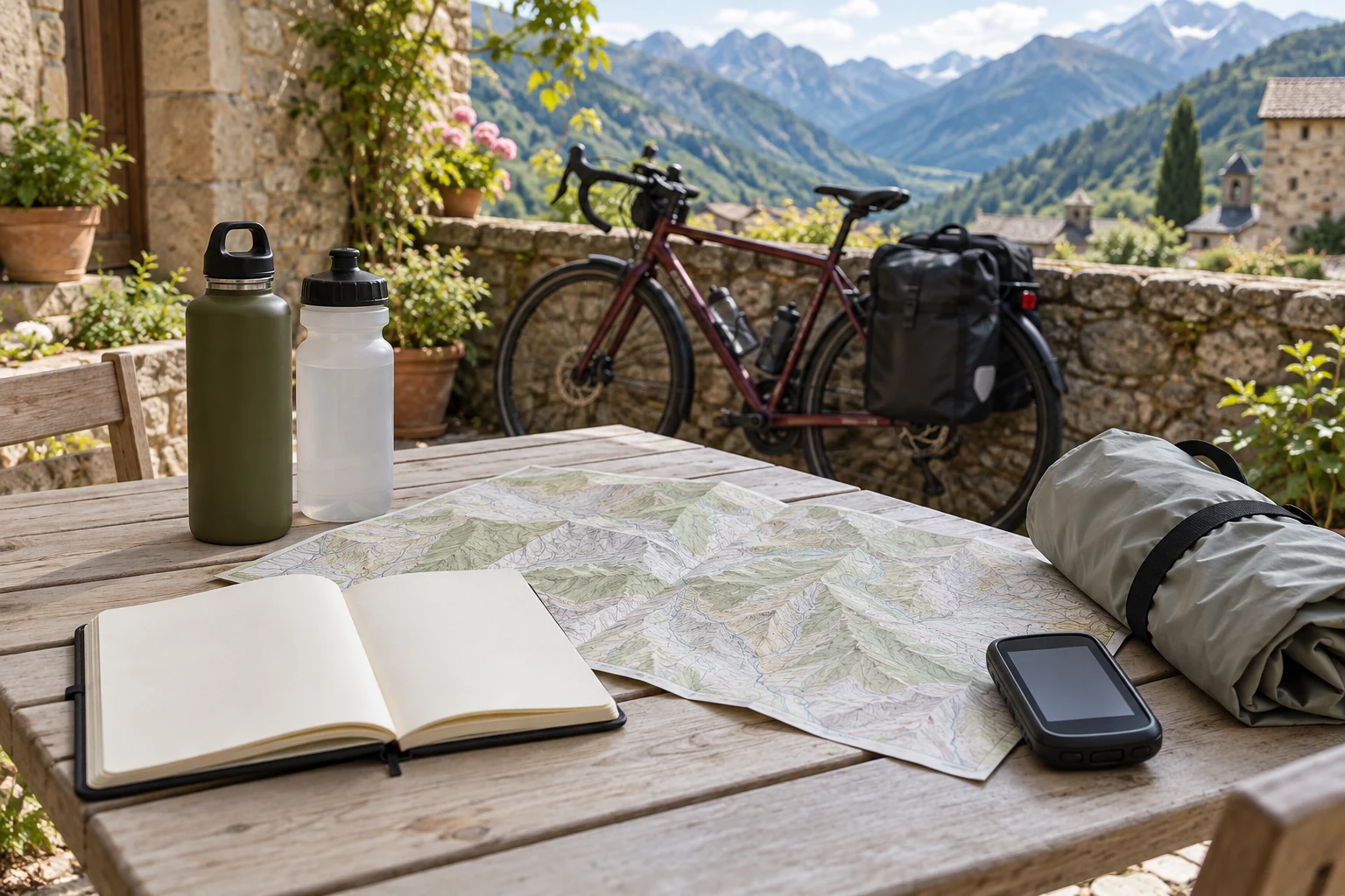 Mesa con mapa de curvas de nivel, libreta abierta, navegador apagado, bidones y chaqueta, con una bicicleta de viaje al fondo