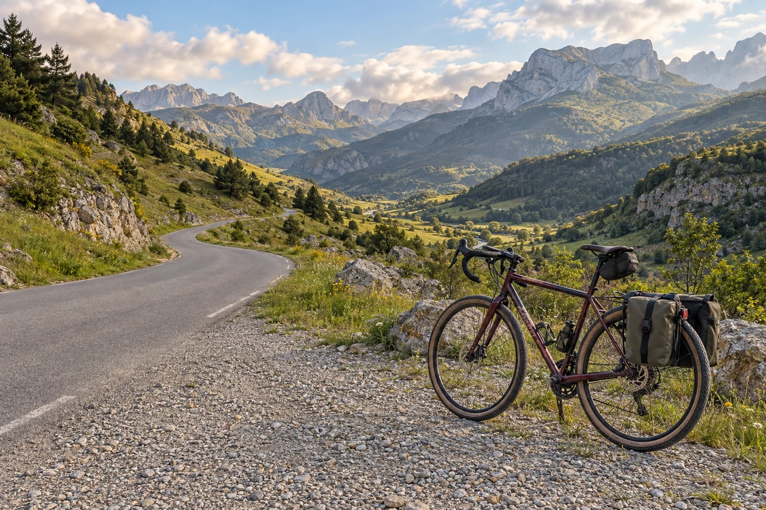 Bicicleta de viaje burdeos con alforjas aparcada fuera de una carretera de montaña junto a un valle de paisaje pirenaico