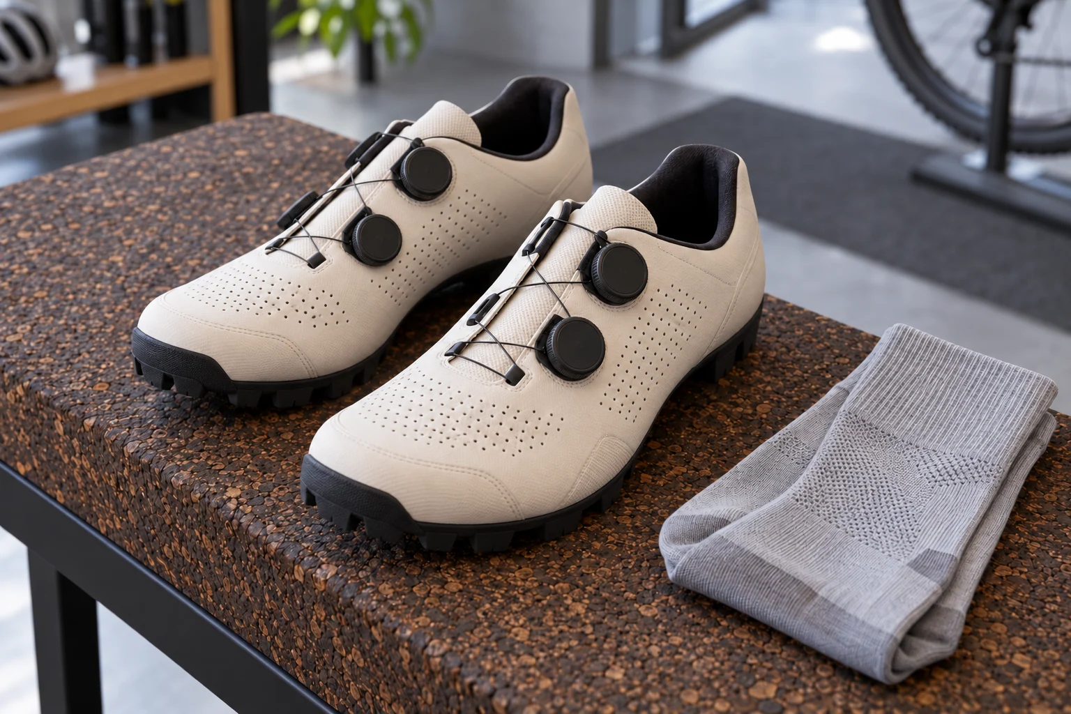 Par de zapatillas de ciclismo claras con puntera redondeada y cierres de dial sobre un banco de corcho
